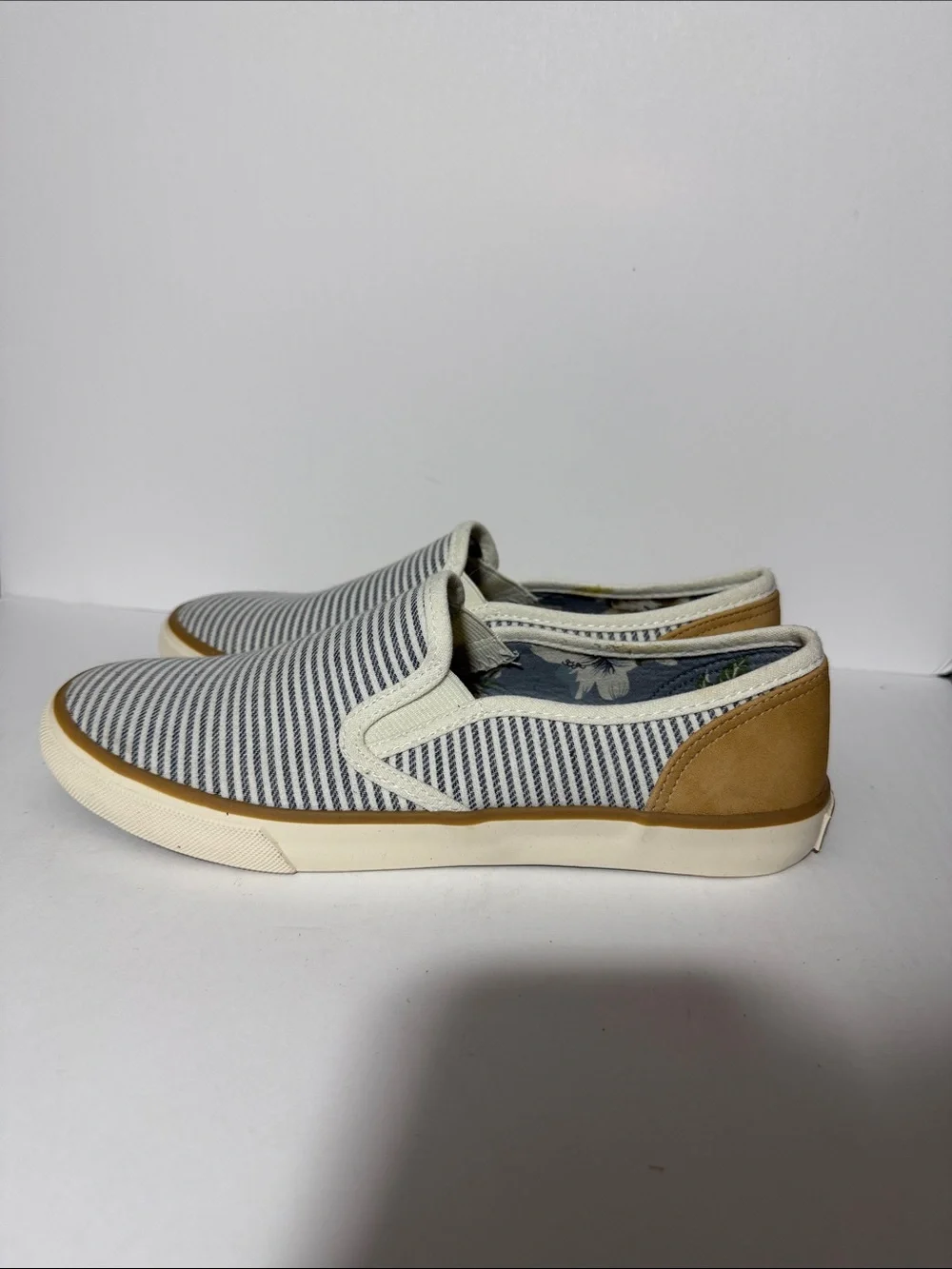 Margaritaville Navy & White Striped Slip-On Sneakers with Tan Trim
